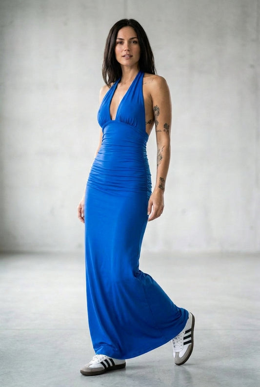 Paolo Lace-Up V-Neck Halter Backless Dress